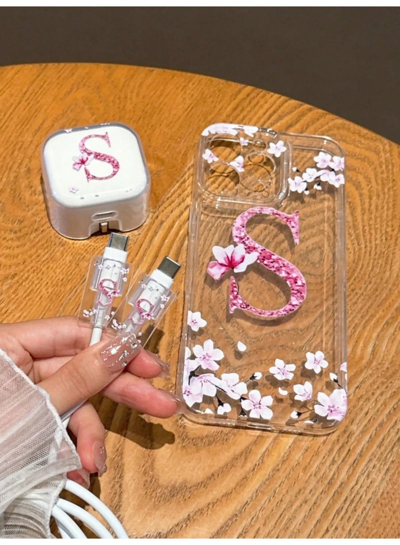 iPhone 16 Pro Max Case and Charger Cover – 4-Piece Set Protective charger case and phone case adorned with pink floral designs and an initial letter, adding a feminine and modern touch. - Image 2