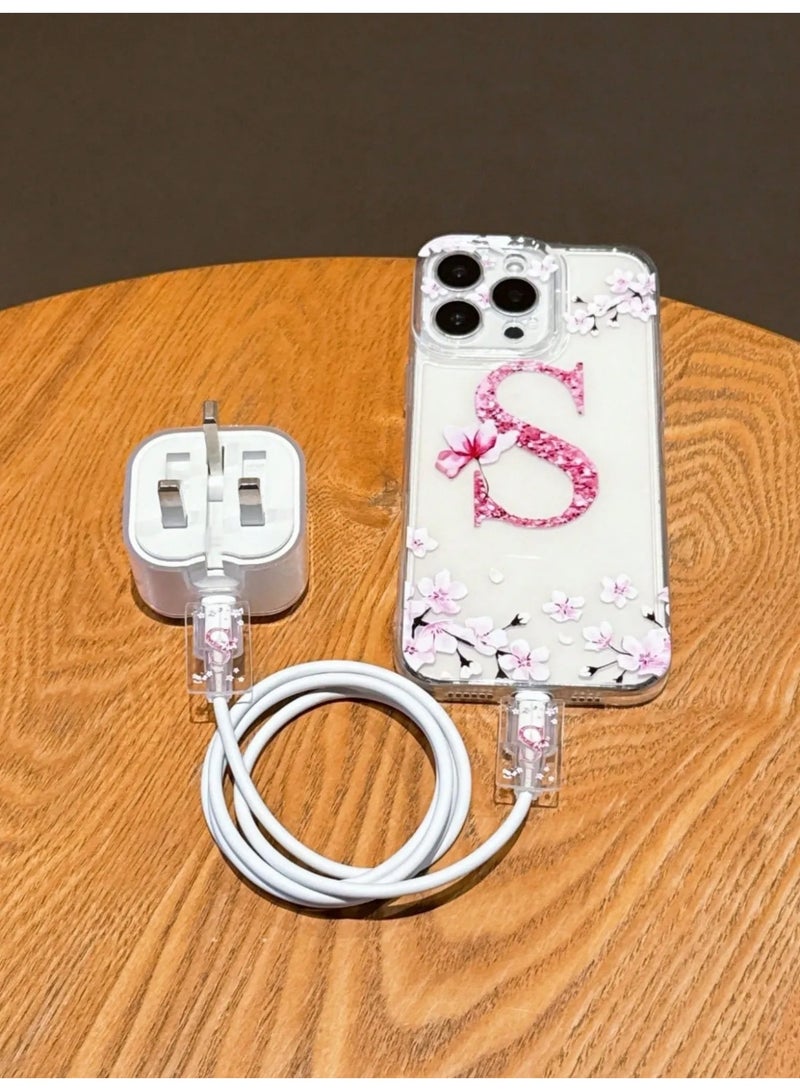 iPhone 16 Pro Max Case and Charger Cover – 4-Piece Set Protective charger case and phone case adorned with pink floral designs and an initial letter, adding a feminine and modern touch. - Image 3