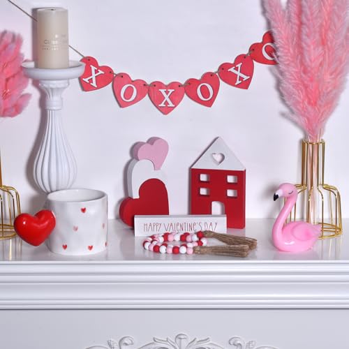 Ovootok Valentine's Day Tiered Tray Decor, 6-Piece Wooden Heart & House Table Decorations for Valentines Day with Wood Bead Garland with Tassel, Happy Valentine's Day Decor for the Home Mantels (3 colors) - Image 4