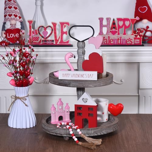 Ovootok Valentine's Day Tiered Tray Decor, 6-Piece Wooden Heart & House Table Decorations for Valentines Day with Wood Bead Garland with Tassel, Happy Valentine's Day Decor for the Home Mantels (3 colors) - Image 3