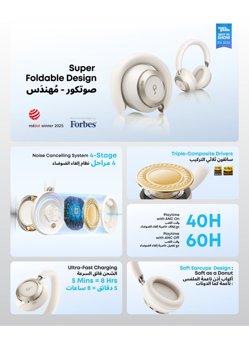 Soundcore Space One Pro by Anker, Adaptive Active Noise Cancelling Headphones, Super Foldable Design, 60H Lossless Audio, Ultra-Fast Charging, Hi-Res Wireless Audio with LDAC, Comfortable Fit White - Image 2