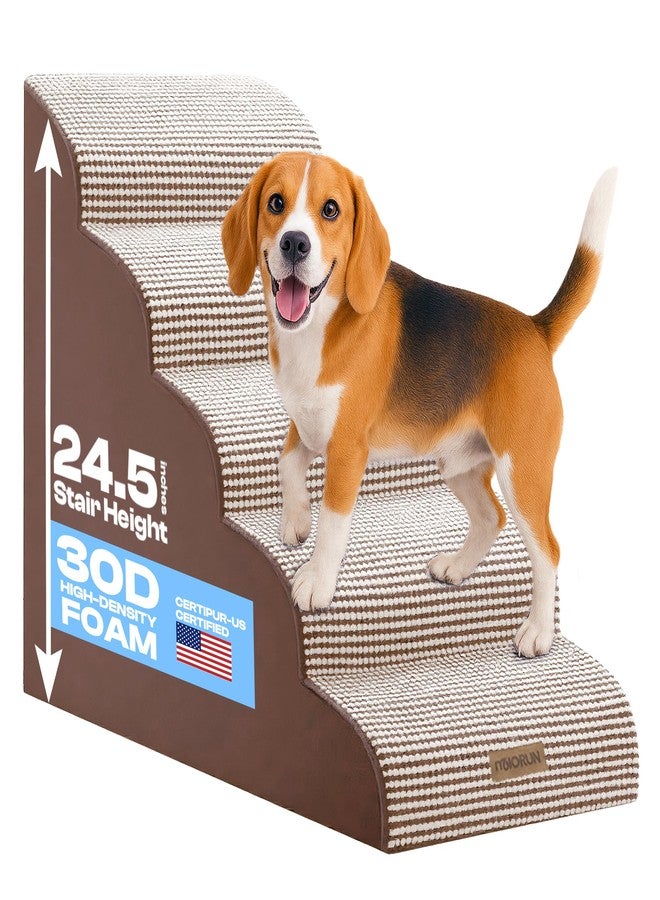 Miorun Curved Dog Stairs for High Bed Up to 26", 5-Step Dog Ramp for Small Dogs with Washable Cover, Non-Slip Steps for Cats to Get on Couch and Sofa, Durable Foam Ladder for Medium Breeds, White Coffee - Image 1