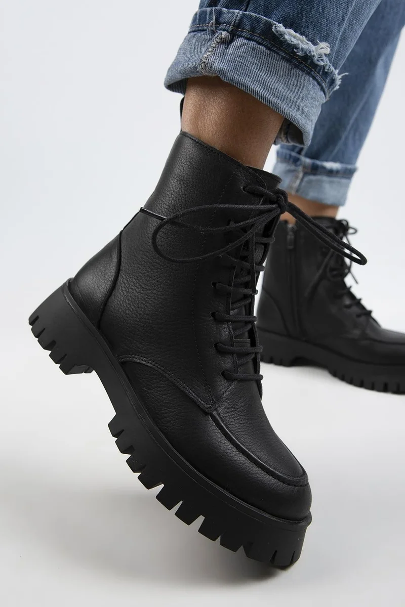 Manijero Manijero Jemima Women's Genuine Leather Lace-up Zippered Black Boots