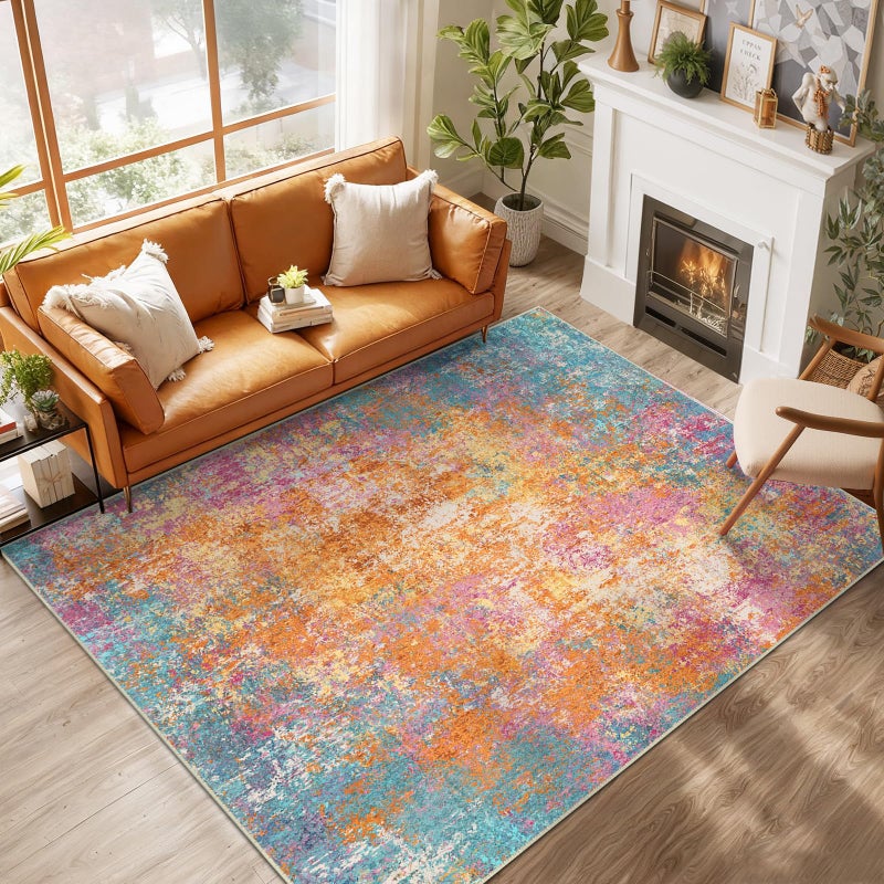 RELEANY Washable Area Rugs 8'x10' Non-Slip Modern Abstract Soft for Living Room Entryway Bedroom Nursery, Print Pattern, Orange Blue Pink Yellow Colorful - Image 1