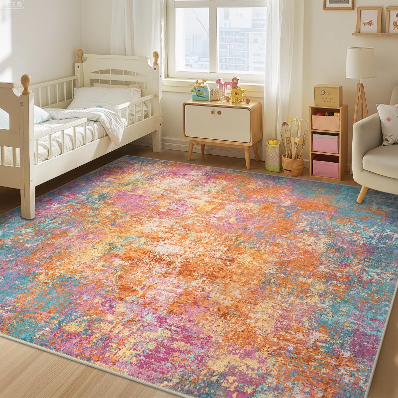 RELEANY Washable Area Rugs 8'x10' Non-Slip Modern Abstract Soft for Living Room Entryway Bedroom Nursery, Print Pattern, Orange Blue Pink Yellow Colorful - Image 2