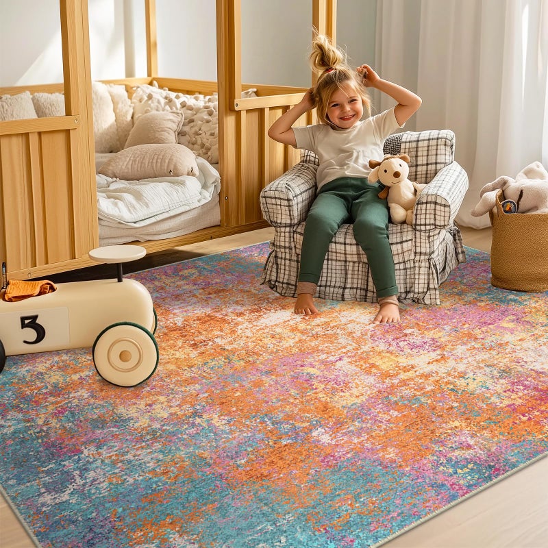 RELEANY Washable Area Rugs 8'x10' Non-Slip Modern Abstract Soft for Living Room Entryway Bedroom Nursery, Print Pattern, Orange Blue Pink Yellow Colorful - Image 3