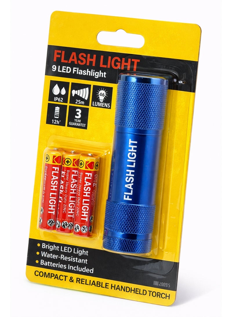 9 LED Flashlight Compact Torch – 46 Lumens Bright Light with 25m Beam Distance – Aluminum Body Waterproof Torch with AAA Batteries for Emergency, Outdoor and Daily Use - Image 1