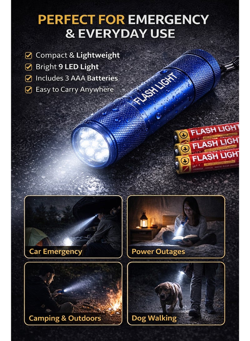 9 LED Flashlight Compact Torch – 46 Lumens Bright Light with 25m Beam Distance – Aluminum Body Waterproof Torch with AAA Batteries for Emergency, Outdoor and Daily Use - Image 4