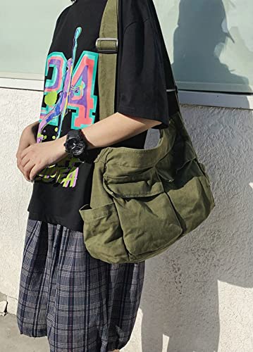 Caistre Women Men Canvas Messenger Bag Large Tote Bag with Multiple Pockets Canvas Crossbody Shoulder Bag Messenger Tote Bag Handbag - Image 3