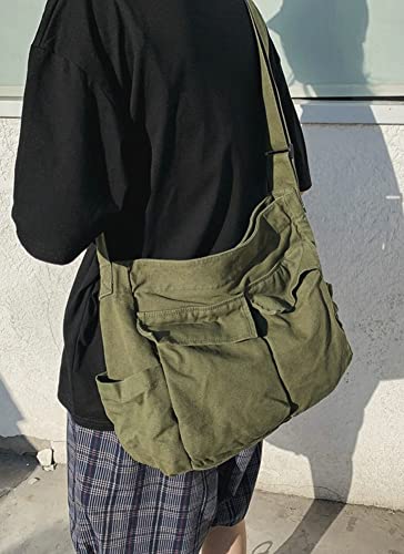 Caistre Women Men Canvas Messenger Bag Large Tote Bag with Multiple Pockets Canvas Crossbody Shoulder Bag Messenger Tote Bag Handbag - Image 2