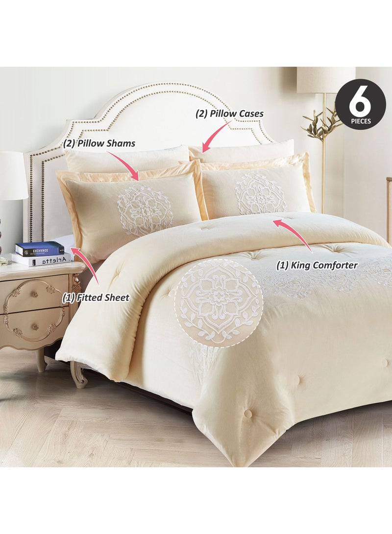 Donetella Comforter Set 6-Piece Double Size Designer Bedding Set Applique Embroidered With Down Alternative Filling, Purple/White  - Image 2