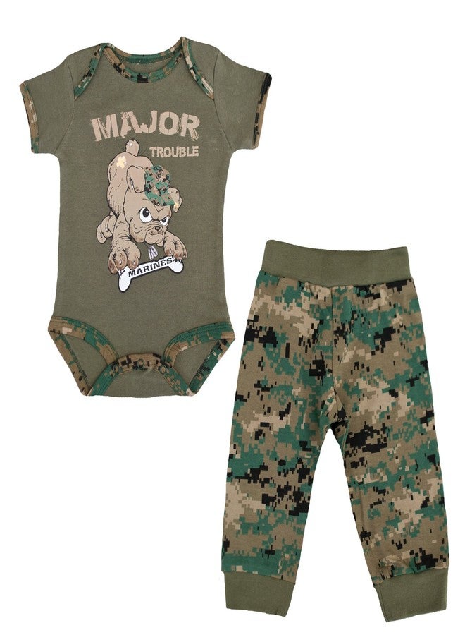 Trooper Clothing Marine 2 Pc Major Trouble Woodland Bodysuit and Pant Set, Green, 3/6 Months