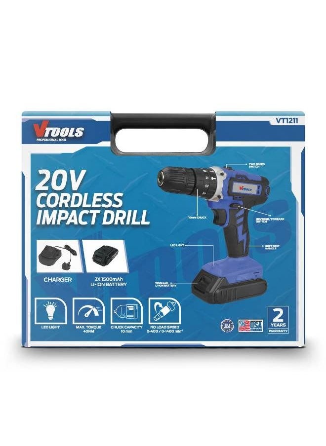 VTOOLS 20V Cordless Impact Drill With 2 Batteries & 1 Fast Charger  - Image 4