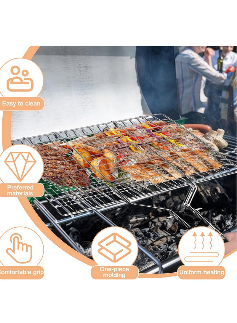 Generic BBQ Mesh Grill 42 * 24 * 24 cm, Portable Grill Basket, Foldable Fish Grill Basket, Foldable Stainless Steel Grill Mesh Basket with Removable Wooden Handle for Grilling Fish, Kebabs, Vegetables, Steaks and Shrimp (Includes Anti-scalding Gloves)  - Image 3