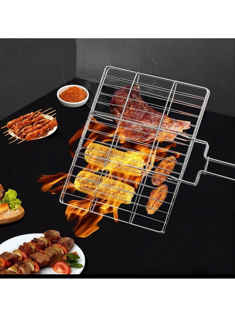 Generic BBQ Mesh Grill 42 * 24 * 24 cm, Portable Grill Basket, Foldable Fish Grill Basket, Foldable Stainless Steel Grill Mesh Basket with Removable Wooden Handle for Grilling Fish, Kebabs, Vegetables, Steaks and Shrimp (Includes Anti-scalding Gloves)  - Image 1