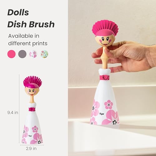 Vigar Dolls April Dish Brush with Ergonomic Handle and Dresshaped Storage Holder Scrub Brush for Pans Pots Kitchen Sink Cleaning White Pink - Image 3
