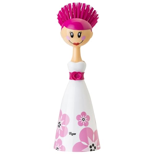 Vigar Dolls April Dish Brush with Ergonomic Handle and Dresshaped Storage Holder Scrub Brush for Pans Pots Kitchen Sink Cleaning White Pink - Image 1