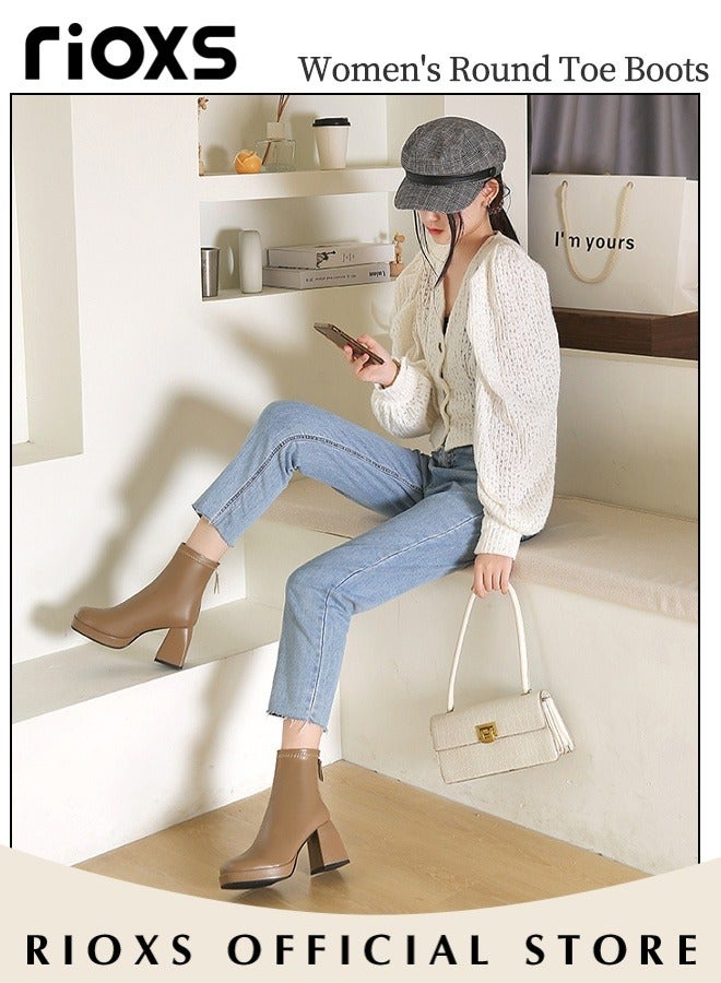 ريوكس أحذية الكاحل النسائية، أحذية أنيقة بمقدمة مستديرة، أحذية كلاسيكية بكعب عالٍ وسحاب خلفي، أحذية نصف ساق بكعب سميك 8 سم، أحذية جلدية عالية الكعب للنساء، أحذية كاحل نسائية بلون موحد، أحذية أنيقة بكعب عالٍ للعمل والملهى الليلي وحفلات العودة للوطن والمواعدة وركوب الدراجات النارية - Image 5