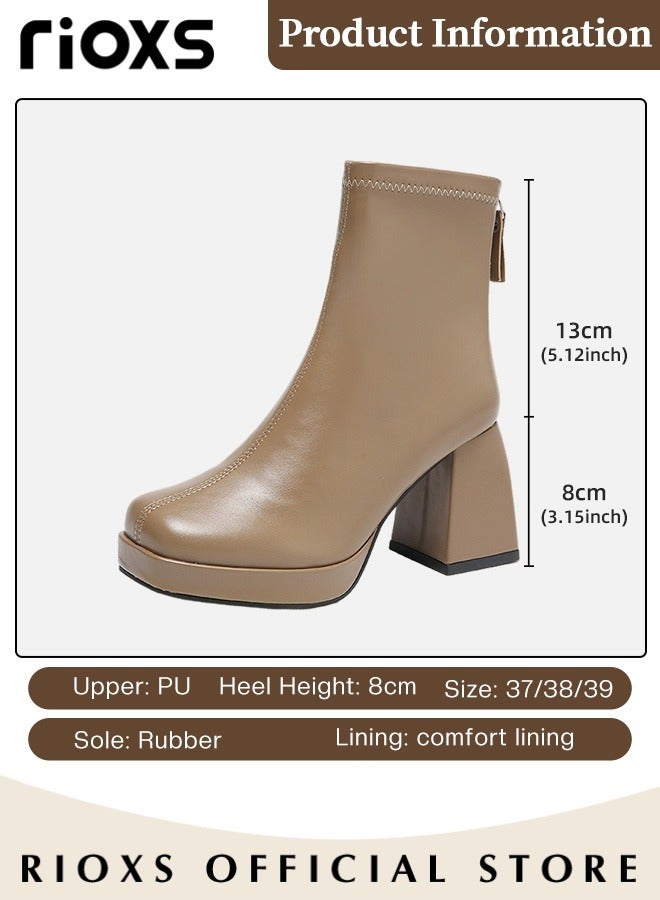 RIOXS Women's High-heeled Leather Boots, Ladies Solid Color Ankle Boots, Fashionable Square Toe Boots, Classic Pump Shoes with Back Zipper and 8cm Chunky Heel, Perfect to Complement Your Look  - Image 3