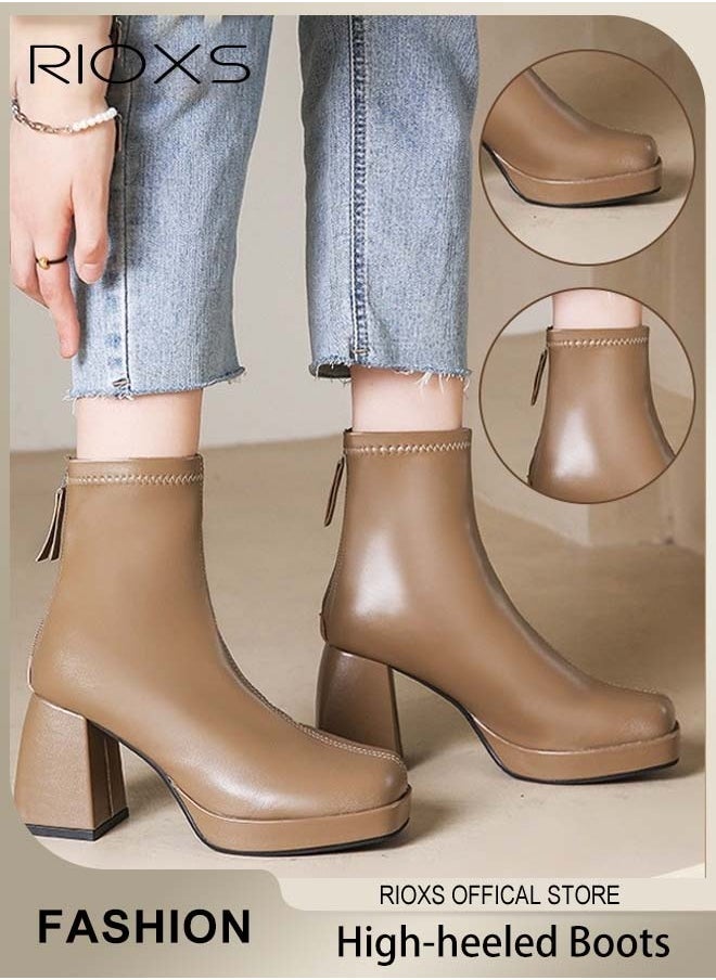 RIOXS Women's High-heeled Leather Boots, Ladies Solid Color Ankle Boots, Fashionable Square Toe Boots, Classic Pump Shoes with Back Zipper and 8cm Chunky Heel, Perfect to Complement Your Look  - Image 5