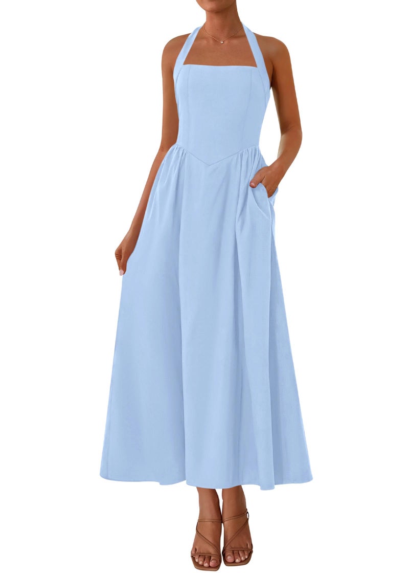 KIRUNDO Summer Dresses for Women 2026 Halter Maxi Wedding Guest Party Cocktail Semi Formal Elegant Classy Long Sundress(Light Blue, Small) - Image 1