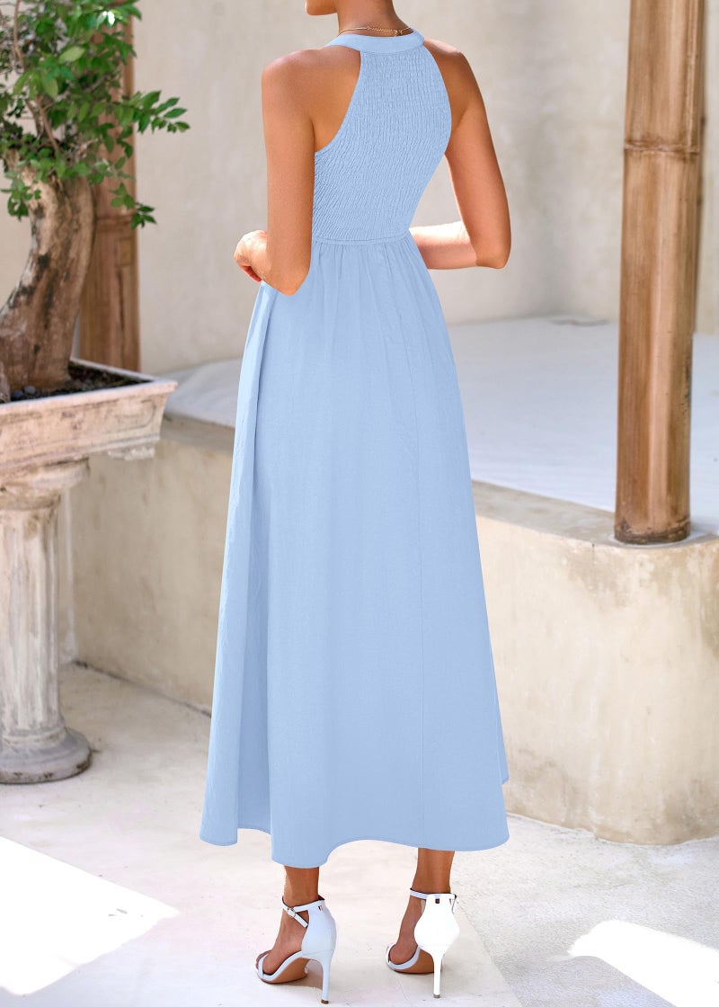 KIRUNDO Summer Dresses for Women 2026 Halter Maxi Wedding Guest Party Cocktail Semi Formal Elegant Classy Long Sundress(Light Blue, Small) - Image 2