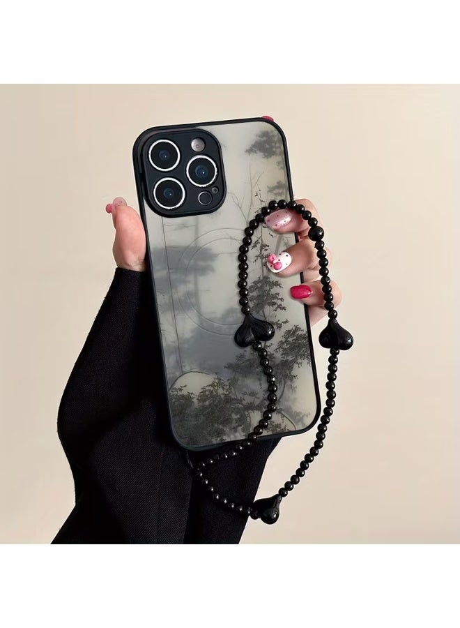 Temu Magnetic phone case with a misty tree design and black heart-shaped beaded cord; shockproof and scratch-resistant phone case compatible with iPhone 14 Pro - Image 2