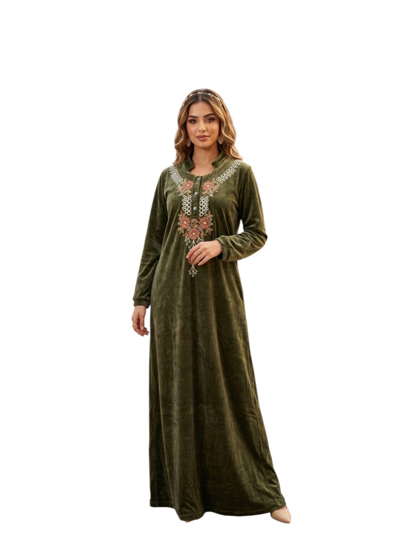 Women's Long Velvet Jalabiya with Floral Chest Embroidery & Long Sleeves - Olive Green