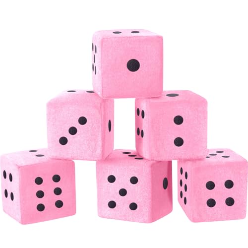 Simgoing 6 Pcs 3 Inch Large Pink Plush Dice Jumbo Square Dice Toys Pillow for Educational Toys Casino Game Themed Nights Party Decorations - Image 1