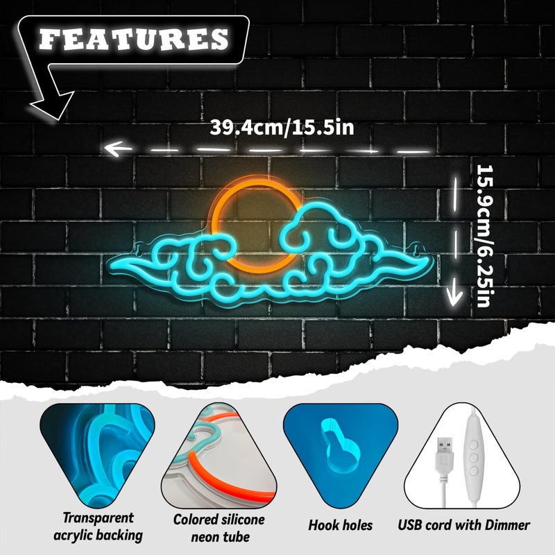 VIKLIU Anime Neon Sign - Dimmable LED Cloud Neon Signs for Teen Boys Room, Bedroom, Game Room, Man Cave, Party Decor - USB Powered - Ice Blue and Yellow - 15.5x6.25 inch - Image 3