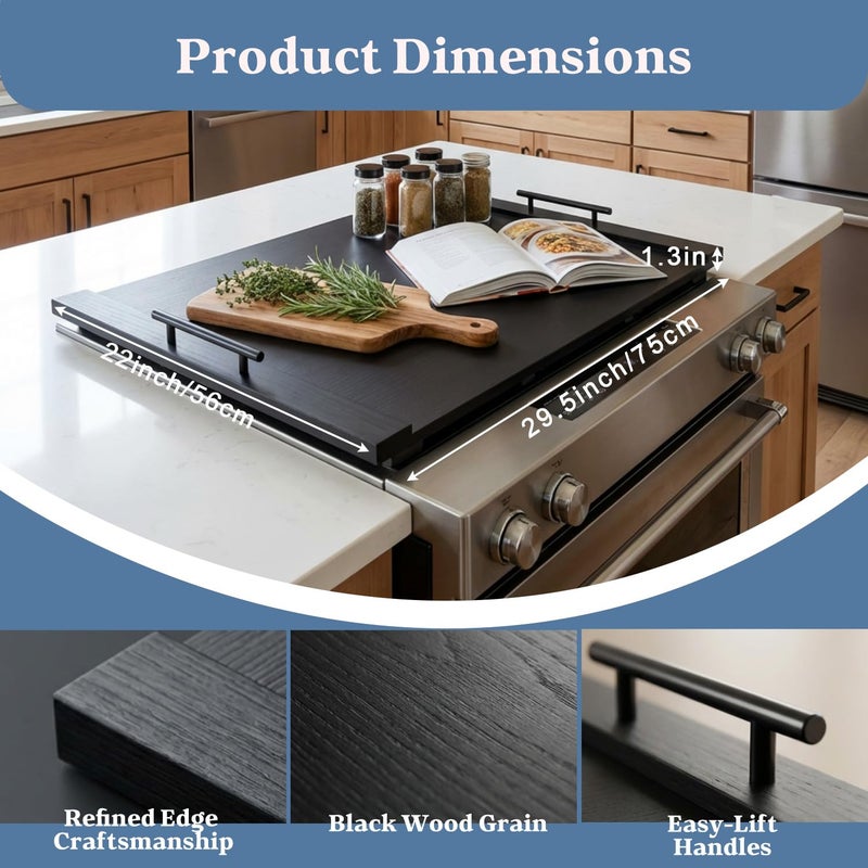 FayuuGem Gas Stove Top Cover for Burners | 30"x22" Black Multi-Layered Wood Noodle Board with Handles | Fits Electric Stoves - Image 2
