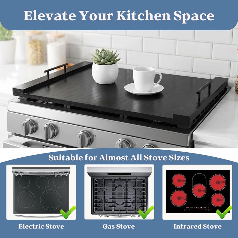 FayuuGem Gas Stove Top Cover for Burners | 30"x22" Black Multi-Layered Wood Noodle Board with Handles | Fits Electric Stoves - Image 3