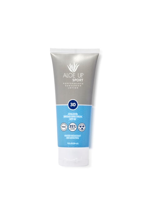 Aloe Up Sport Sunscreen Lotion SPF 30 - Broad Spectrum UVA/UVB Sunscreen Protector for Face and Body - With Hydrating Aloe Vera Gel - Non-Greasy - No White Cast - Reef Safe - Fragrance-Free - 3 Oz.