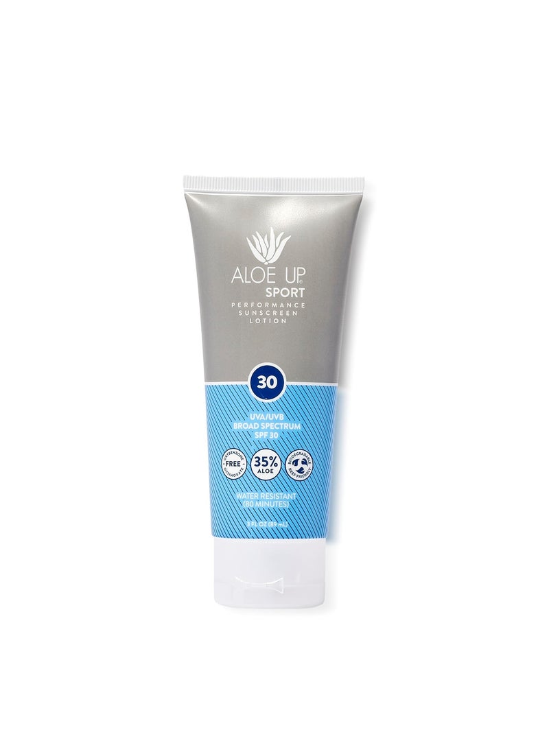 Aloe Up - Aloe Up Sport Sunscreen Lotion SPF 30 - Broad Spectrum UVA/UVB Sunscreen Protector for Face and Body - With Hydrating Aloe Vera Gel - Non-Greasy - No White Cast - Reef Safe - Fragrance-Free - 3 Oz. - Image 1