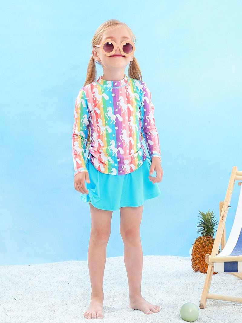 swimsobo Girls Rash Guard Size 6 7 Rainbow Unicorn Bathing Suit Long Sleeve Swimsuit Two Pieces Swimming Skirt Swimwear with Shorts - Image 2