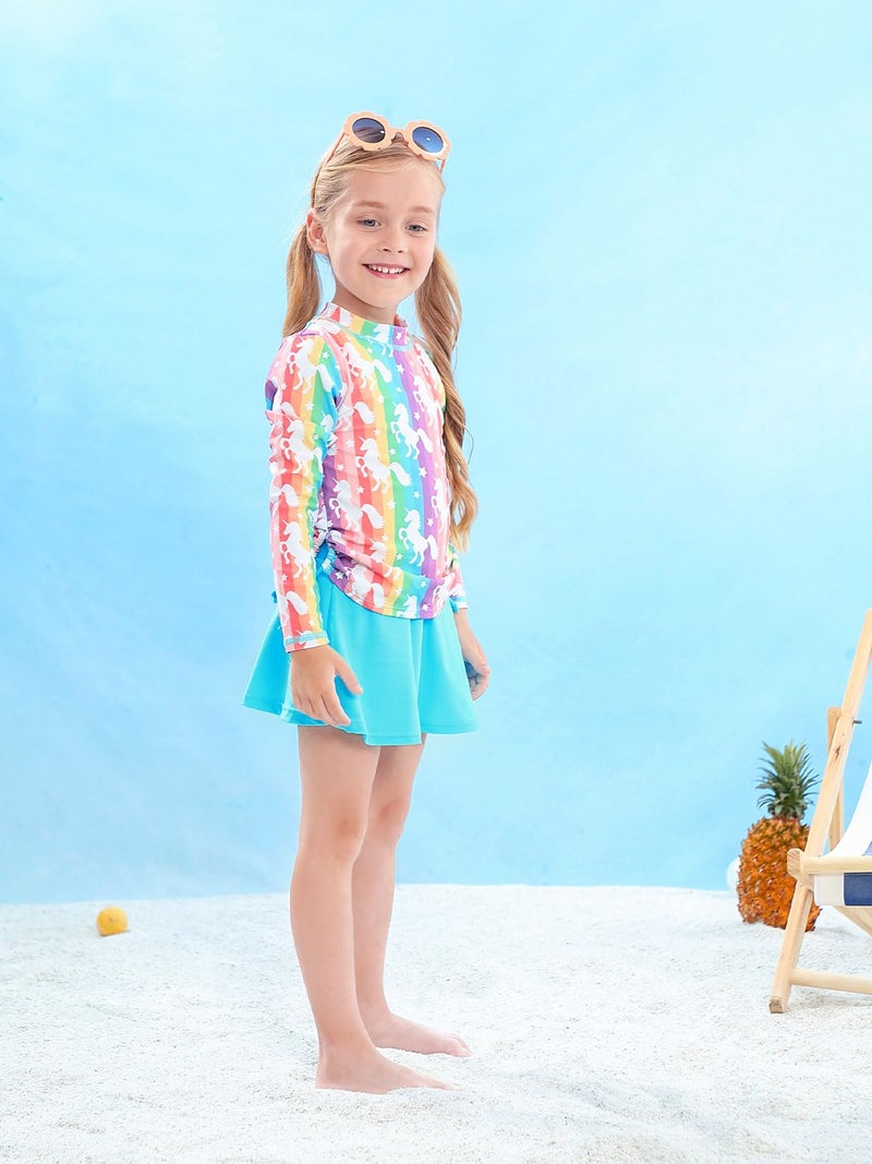 swimsobo Girls Rash Guard Size 6 7 Rainbow Unicorn Bathing Suit Long Sleeve Swimsuit Two Pieces Swimming Skirt Swimwear with Shorts - Image 3