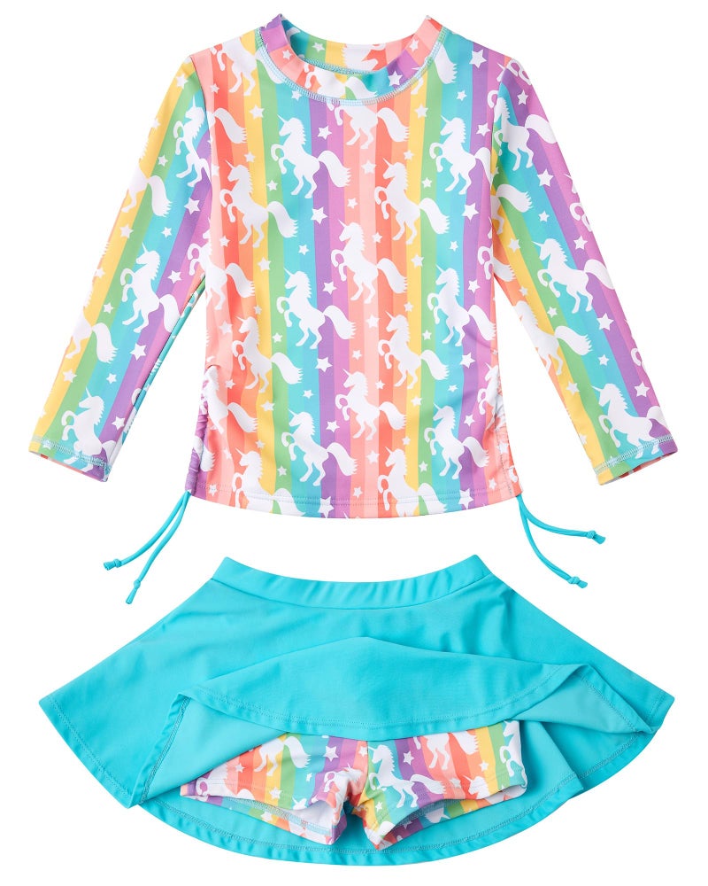 swimsobo Girls Rash Guard Size 6 7 Rainbow Unicorn Bathing Suit Long Sleeve Swimsuit Two Pieces Swimming Skirt Swimwear with Shorts - Image 1
