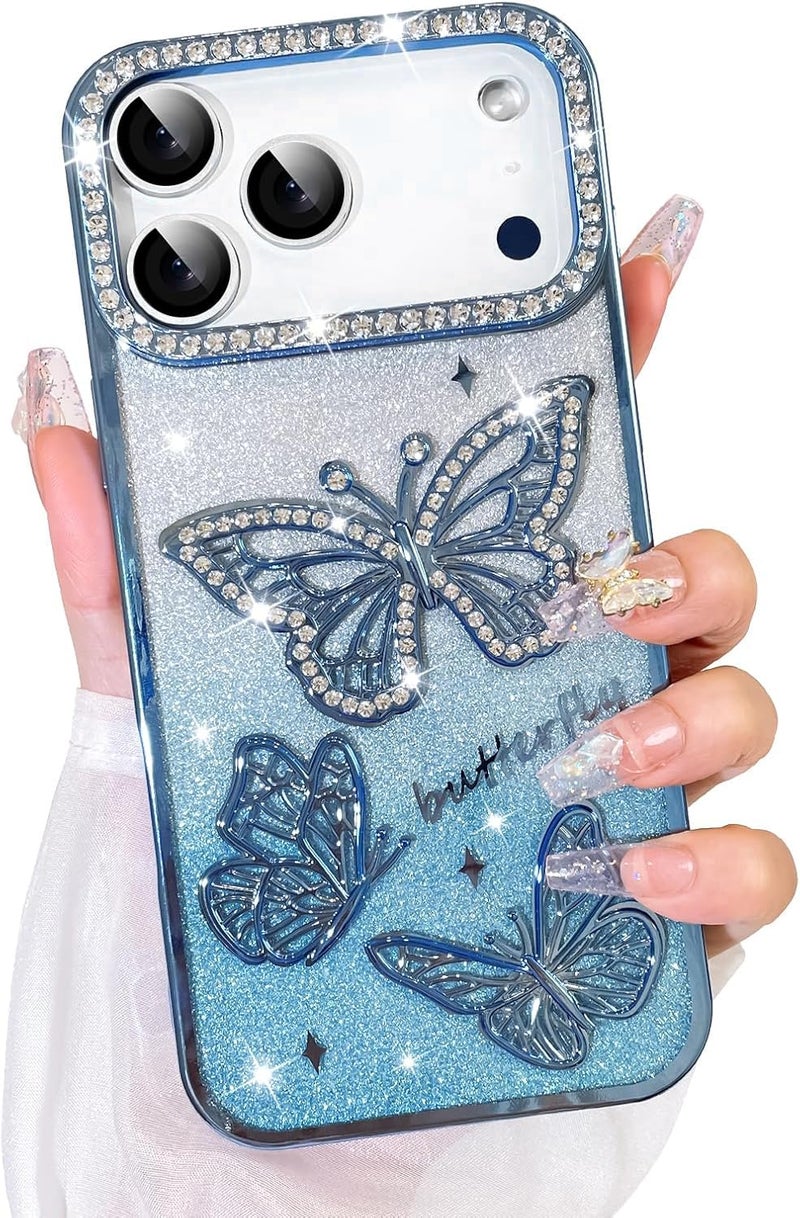 Elzzi Electroplated Butterfly Phone Cover for iPhone 17 Pro Max Case, Showcasing Pearlescent Diamond Soft TPU, Camera Protection, Shockproof, Dropresistant Stylish for Girls & Women (Blue) - Image 1