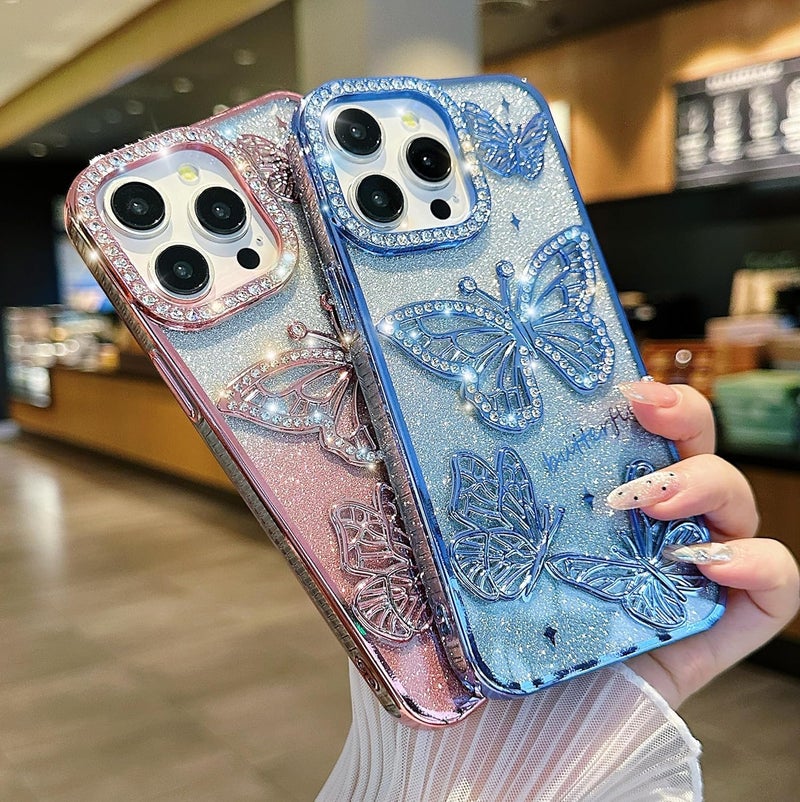 Elzzi Electroplated Butterfly Phone Cover for iPhone 17 Pro Max Case, Showcasing Pearlescent Diamond Soft TPU, Camera Protection, Shockproof, Dropresistant Stylish for Girls & Women (Blue) - Image 5