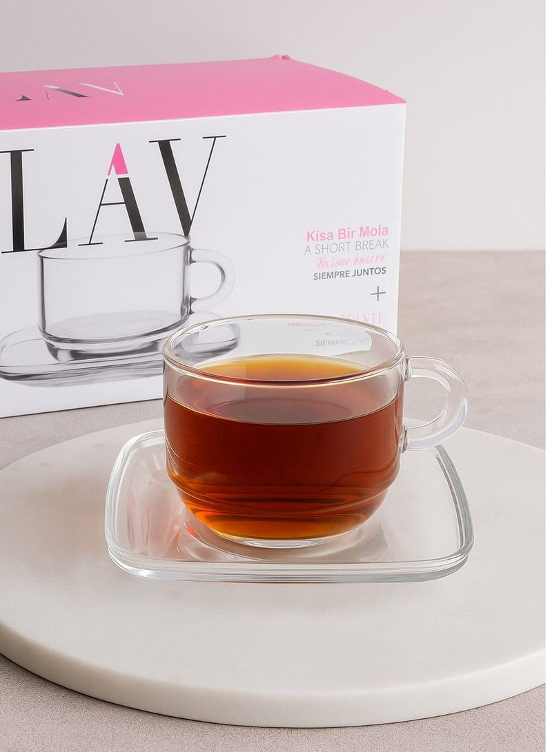 لاف طقم أكواب وصحون شاي زجاجي شفاف - 12 قطعة 270مل - Image 1