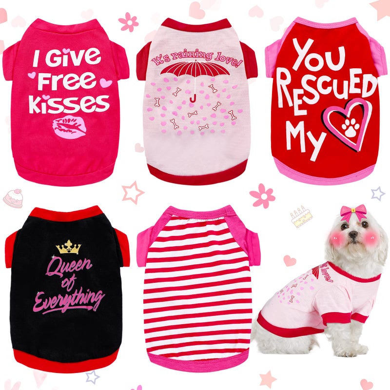 Weewooday 5 Pieces Valentineâ€˜s Day Dog Shirt for Small Dogs Girl Small Dog Puppy Clothes for Chihuahua Yorkie Bulldog Schnauzer Breathable Shirt Vest(Large) - Image 1