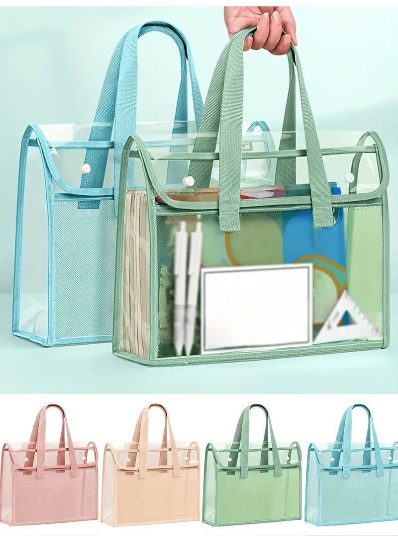 حقيبة يد شفافة مقاومة للماء بسعة كبيرة من PVC – حقيبة ملفات متينة قابلة للتوسيع مع جيب شبكي، منظم محمول للوازم المكتبية والمدرسية والسفر، لحفظ مستندات A4 والكتب والقرطاسية – ألوان وردي، أخضر، أزرق - Image 1