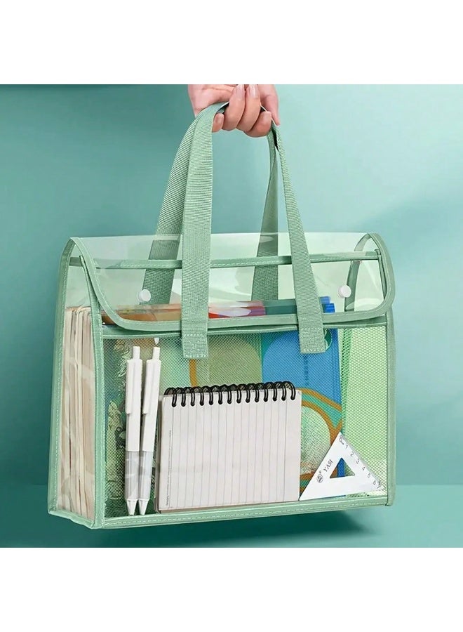 حقيبة يد شفافة مقاومة للماء بسعة كبيرة من PVC – حقيبة ملفات متينة قابلة للتوسيع مع جيب شبكي، منظم محمول للوازم المكتبية والمدرسية والسفر، لحفظ مستندات A4 والكتب والقرطاسية – ألوان وردي، أخضر، أزرق - Image 2