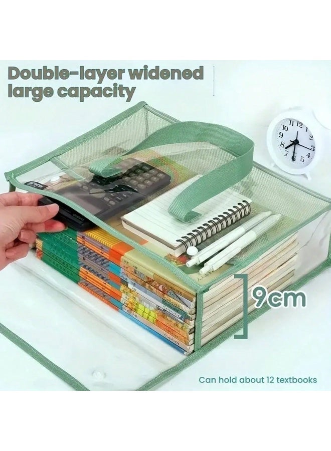 حقيبة يد شفافة مقاومة للماء بسعة كبيرة من PVC – حقيبة ملفات متينة قابلة للتوسيع مع جيب شبكي، منظم محمول للوازم المكتبية والمدرسية والسفر، لحفظ مستندات A4 والكتب والقرطاسية – ألوان وردي، أخضر، أزرق - Image 3