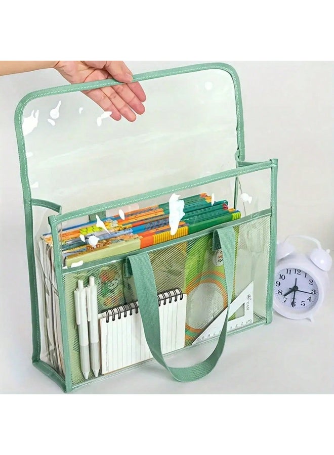 حقيبة يد شفافة مقاومة للماء بسعة كبيرة من PVC – حقيبة ملفات متينة قابلة للتوسيع مع جيب شبكي، منظم محمول للوازم المكتبية والمدرسية والسفر، لحفظ مستندات A4 والكتب والقرطاسية – ألوان وردي، أخضر، أزرق - Image 5