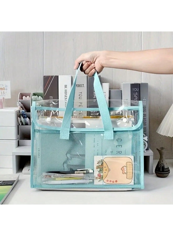 حقيبة يد شفافة مقاومة للماء بسعة كبيرة من PVC – حقيبة ملفات متينة قابلة للتوسيع مع جيب شبكي، منظم محمول للوازم المكتبية والمدرسية والسفر، لحفظ مستندات A4 والكتب والقرطاسية – ألوان وردي، أخضر، أزرق - Image 4