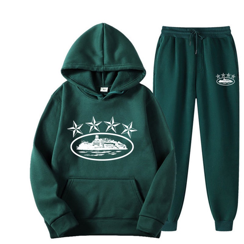 Cross-border Foreign Trade Corteiz Trendy Street Loose suit Womens Hip-hop Skateboard Five-pointed Star Magic Island Fashion Sweatshirt dark green white characters 