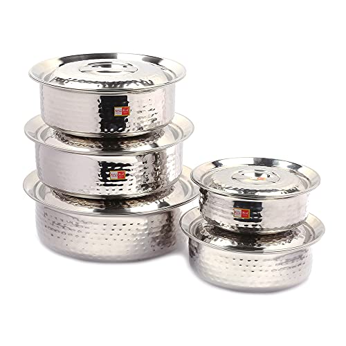 KCL Stainless Steel Mirror Finish Hammered Arabian Chetty/Handi for Cooking n Serving - Set of 5 - (Capacity - 1500ml, 2000ml, 2500ml, 3000ml, 3500ml) - Image 3