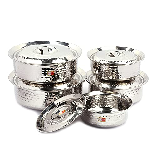 KCL Stainless Steel Mirror Finish Hammered Arabian Chetty/Handi for Cooking n Serving - Set of 5 - (Capacity - 1500ml, 2000ml, 2500ml, 3000ml, 3500ml) - Image 1