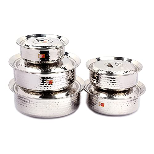 KCL Stainless Steel Mirror Finish Hammered Arabian Chetty/Handi for Cooking n Serving - Set of 5 - (Capacity - 1500ml, 2000ml, 2500ml, 3000ml, 3500ml) - Image 2